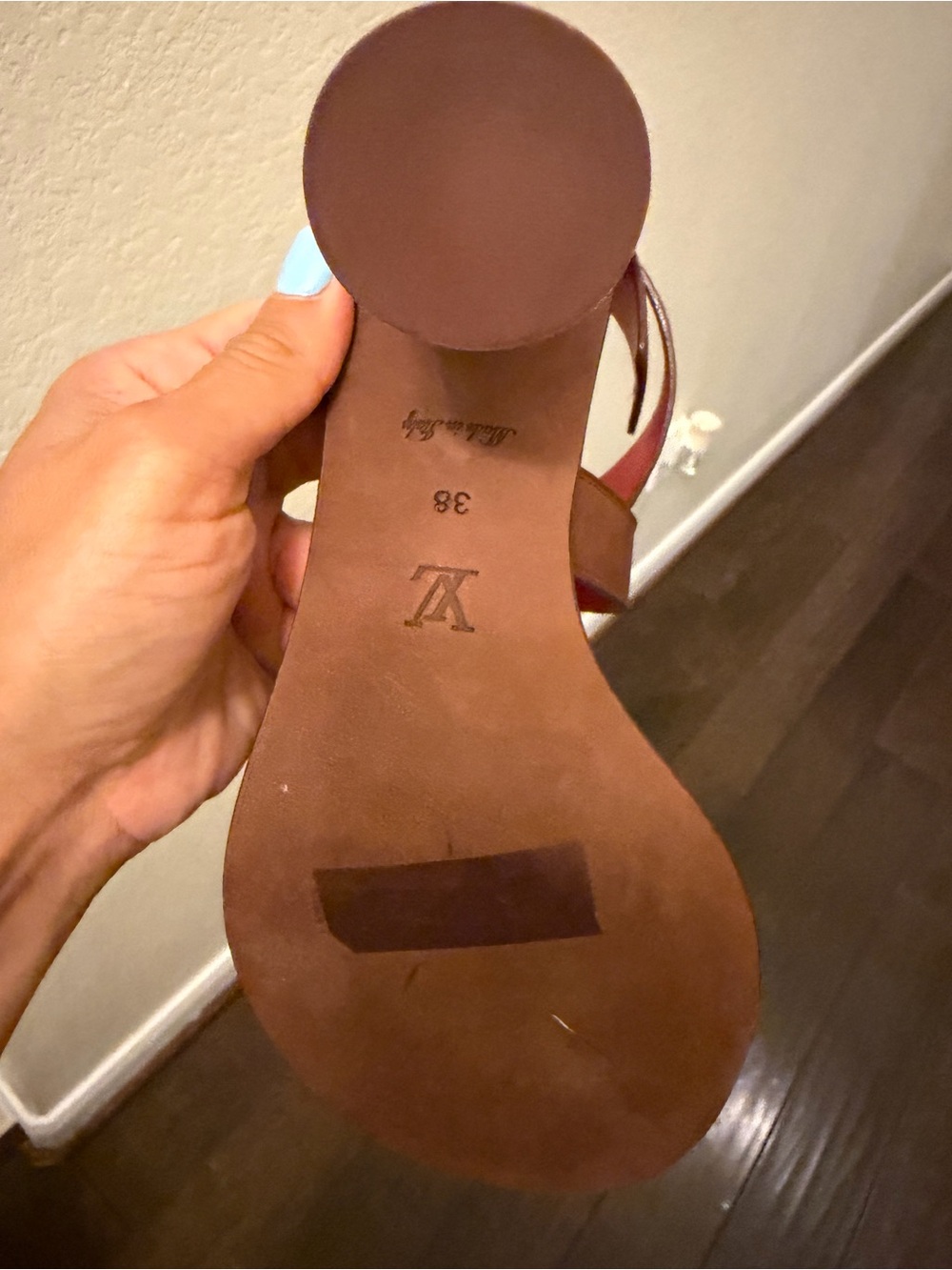 Louis Vuitton Brown Leather & Monogram Block Heel Sandals with Pink Lining. - Picture 3 of 5